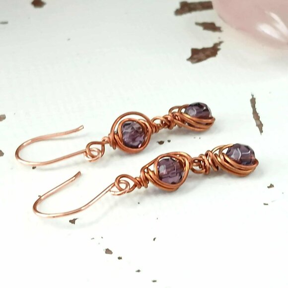Copper Wire Glass Beaded Dangle Earrings, Boho Chic Artisan OOAK 2" - Picture 10 of 10